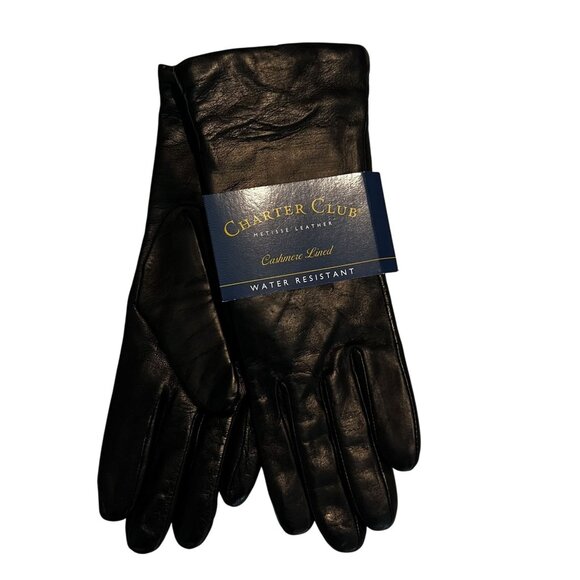 NWT Charter Club Womens Leather Gloves 7 1/2 blk Cashmere Lined Water Resistant - Picture 1 of 4